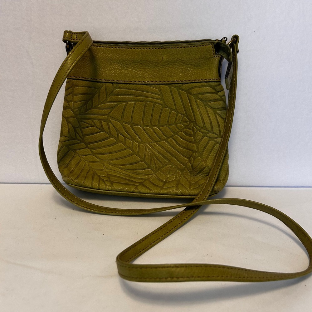 Fossil Olive Green Embossed Leaf Genuine Leather Crossbody Bag‎
